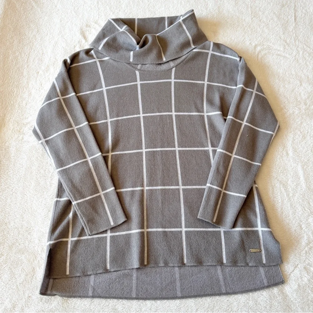 🎅 3/$15 SALE Calvin Klein Women's Gray Windowpane Cowl Neck Sweater - Medium - Picture 2 of 9